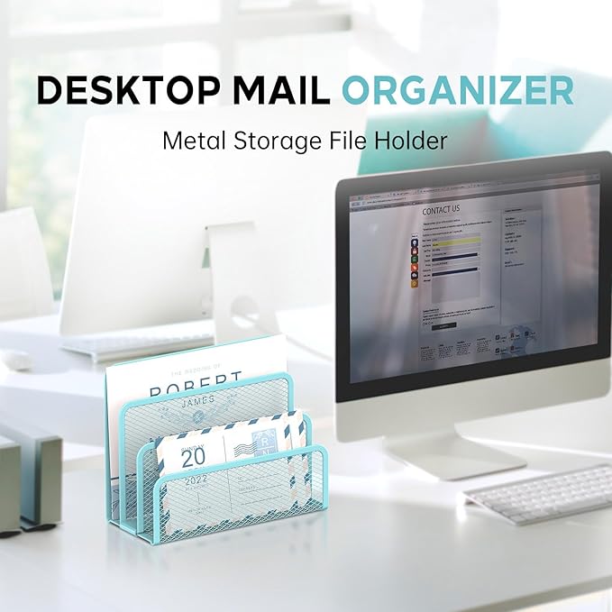 SUPEASY Mail Organizer for Desk, Mesh Metal Mail Holder Countertop with 3-Slot, Letter Sorter File Holder, Office Envelope Organizer for Mails (Blue)