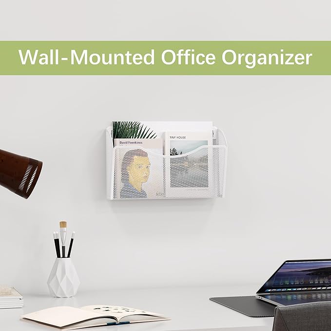 EasyPAG Single Pocket Wall File Organizer, Mesh Hanging File Folder Organizer for Letter/A4 Size Folders, Wall Mounted Vertical Mail Holder for Paperwork, Office, Home, School, White