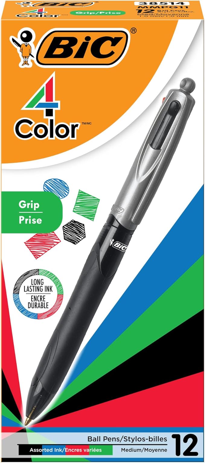 BIC 4 Color Grip Retractable Ballpoint Pen, Long-Lasting Ink and Comfortable Grip, 12-Count in Assorted Ink
