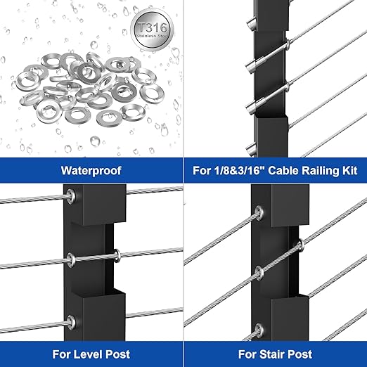 BLIKA 100Pack Cable Railing Adhesive Sleeves for 1/8" 5/32" 3/16" Wire Rope Cable, T316 Stainless Steel, 2.8mm Thickness Cable Railing Protector Adhesive Sleeves for Deck Stair Cable Railing Post Kits