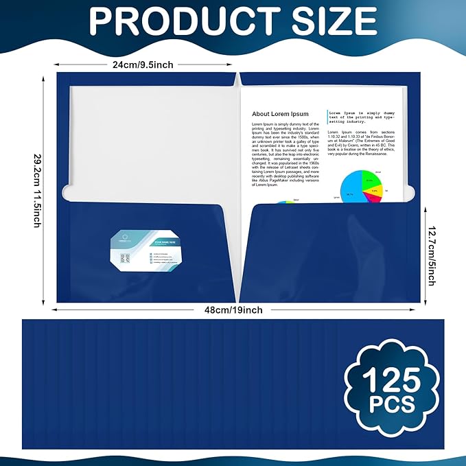 Yeaqee 125 Pack 2 Pockets Glossy Laminated Paper Folder First Day of School Presentation Folder Letter Size Two Pocket File Portfolio Holder Back to School Items Bulk for Teacher Office (Blue)