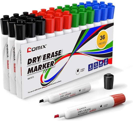 Comix Low Odor Dry Erase Markers, Chisel Tip White Board Markers, 36 Bulk 4 Colors Thick Markers for Classroom, Teachers, Office, School Supplies