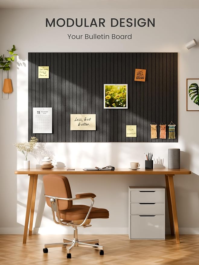 Bumusty Large Cork Board Alternative-47 x35 Felt Bulletin Board Tiles, with 30 Pushpins, 70 Adhesive Tabs, 12-Pack Slat Wall Paneling, Cork Boards for Office Push Pin Board Felt Board-Charcoal Gray
