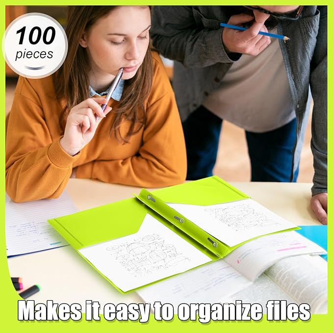 Lincia 100 Pcs Plastic Folders with Pockets and Prong Folders with Prongs 2 Pockets for Office, School for Students, Teachers, Office Workers(Fluorescent Green)