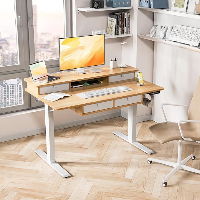 Kingant 48 x 30 Inch Electric Standing Desk with 4 Drawers, Adjustable Height Computer Desk for Home Office, Large Workstation Sit Stand Up Desk with Built-in USB A/C Charging Ports, Nature