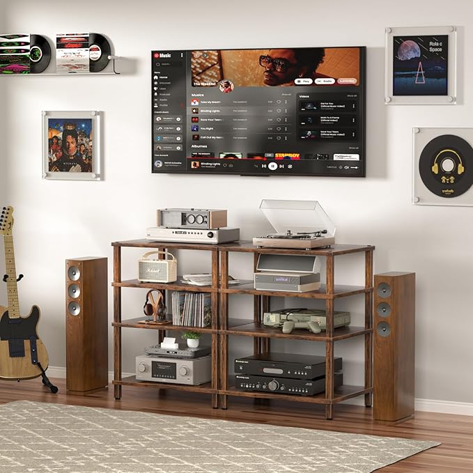 4-Tier AV Media Player Stand, Brown Stereo Cabinet, Modern Stereo Cabinet, Wooden TV Stand,Game Console Shelf, Multifunctional Entertainment Center, Suitable for Home, Conference Room, Game Studio