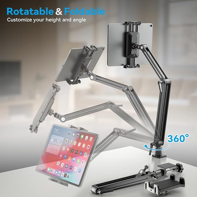 Adjustable Portable Monitor Stand 15.6" - 360° Rotating Base Tall Tablet Desk Arm Holder Stand for iPad Air/Pro/Mini Swivel Flexible Bed Clamp Mount Soporte para Tablet/Monitor Portatil/Ereader