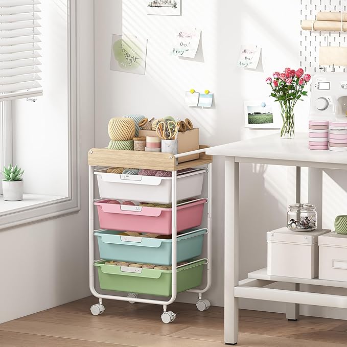 Rolling Storage Utility Cart With 4 Drawers,Kids Craft Art Cart,Makeup Organizer And Storage with Wooden Tabletop,Rainbow