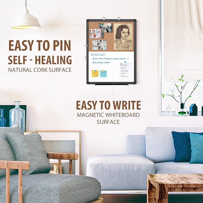 maxtek Combination White Board & Bulletin Cork Board 24 x 18 Whiteboard Magnetic, Combo Dry Erase Board with Black Aluminum Frame, 2' x 1.5' Hanging Message Board Wall Mounted for Homeschool Office