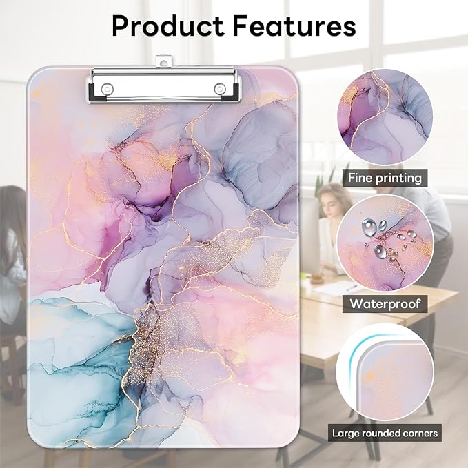 Luminzo Plastic Cute Clipboard Low-Profile Metal Clip, A4 Letter Size 9 x 12.5 in, 8.5 x 11 Paper Clip Board for Teachers, Nurses, Classroom,Pink Dream Marble