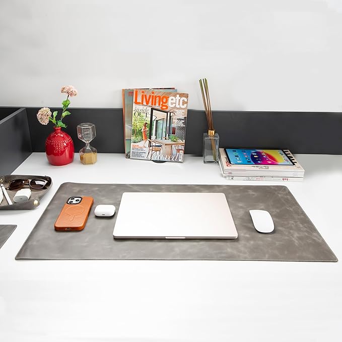 Node Leather - Genuine Leather Desk Mat (32" x 16"), Desk Organizer & Cup Coaster - Leather Office Set - Premium Handmade Office Accessories for Elegant Workspace - Gray