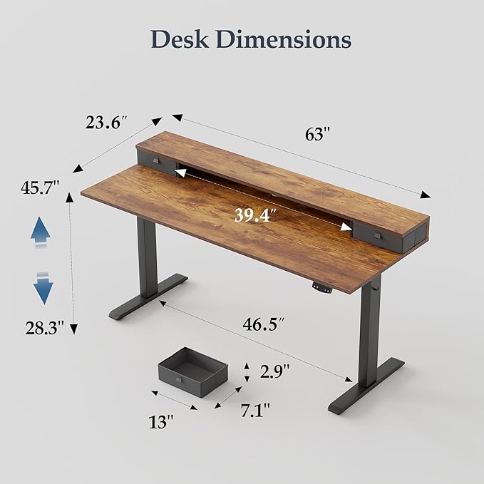 Klicelor 63 Inch Electric Standing Desk with Drawers, Adjustable Height Small Sit Stand Desk for Home Office, Compact Computer Workstation with Storage– Rustic Brown