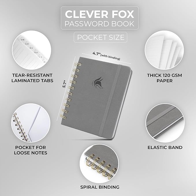 Clever Fox Password Book Spiral – Mini Internet Address & Password Organizer with Laminated Alphabetical Tabs – Small Password Keeper Journal – Hardcover, Pocket Size, 4.7x5.7” (Gray)