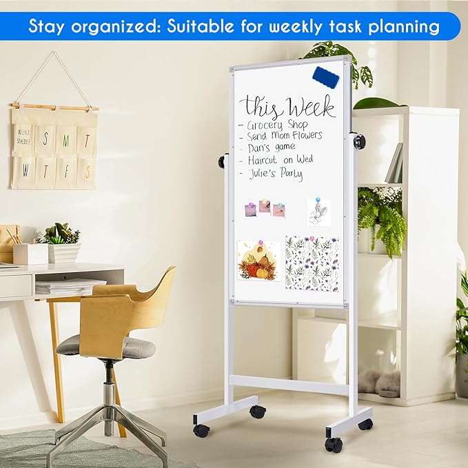 maxtek Rolling White Board, 48 x 24 Height Adjustable Whiteboard on Wheels, Large Magnetic Standing Mobile Easel Board, Double-Sided with Stand for Office, Home, and Classroom