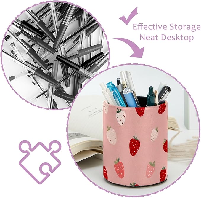 Leather Pen Holder for Desk Strawberries Pencil Cup Desktop Organizer Makeup Brush Holders Office Supplies for Home, Kids & School