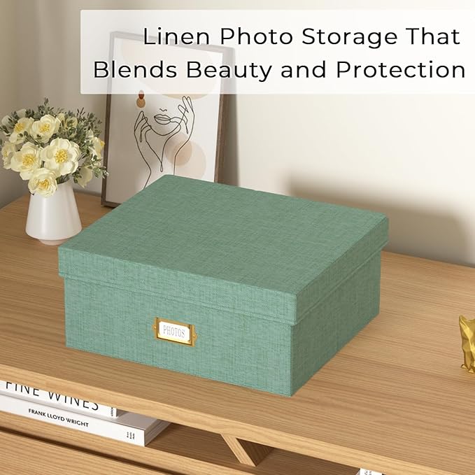 Decorative Photo Storage Box - Linen Photo Box Organizer with Dividers, Fits Holds Up to 1700 Pictures and 4x6 Photos, Memory Keepsake Organizer for Photos, Scrapbook Supplies, Cards, Stamps (Green)