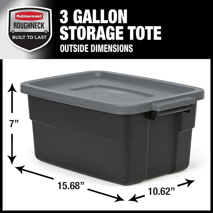 Rubbermaid 6-Pack Heavy Duty Durable 3 GAL Totes for Storage with Snap Lids and Handles, Plastic Storage Bins Stackable Black Gray for Home and Garage (3 GAL - 6 Pack Solid Black and Grey)