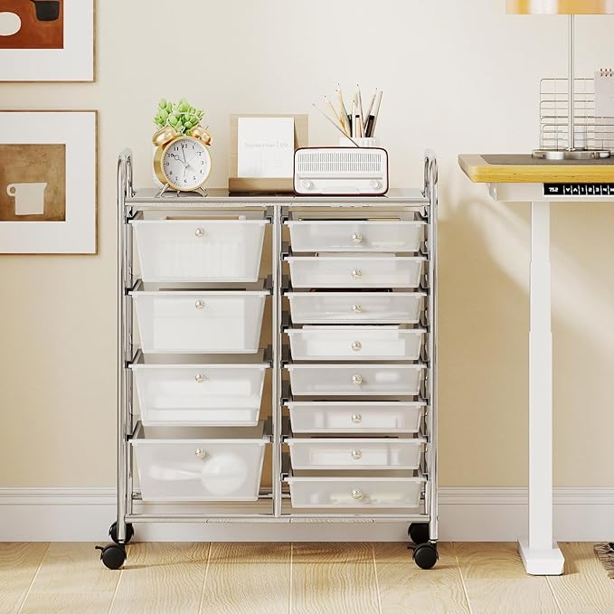 Giantex 12 Drawer Rolling Cart with Drawers, Storage Organizer Cart for Classroom Office School Teacher, Mobile Drawer Cart for Tools, Crafts, Small Printer, Clear