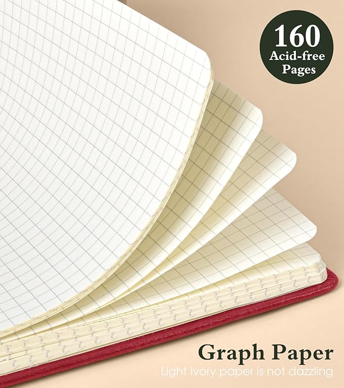 PAIBAS Graph Notebook for Women Men, 160 Pages Grid Paper, Graphing Notebooks for School, Work, Quad Ruled, Inner Pocket, A5 Hardcover Vintage Leather Journals for Writing, 5.8"x8.5" (Burgundy)