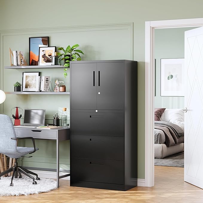 PEUKC 3-Drawer Metal File Cabinet, Lateral Vertical Filing Cabinets for Home Office, Locking File Cabinets with Storage Shelves, Legal/Letter/A4 Size Office File Cabinet (Black, Assemble Required)