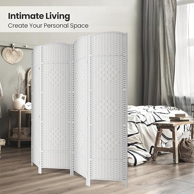Cocosica 4 Panel Room Divider,6Ft Folding Privacy Screen,Tall - Extra Wide Foldable Panel Partition Wall Divider with Diamond Double-Weaved Hand-Woven Design Room Screen Divider（White）