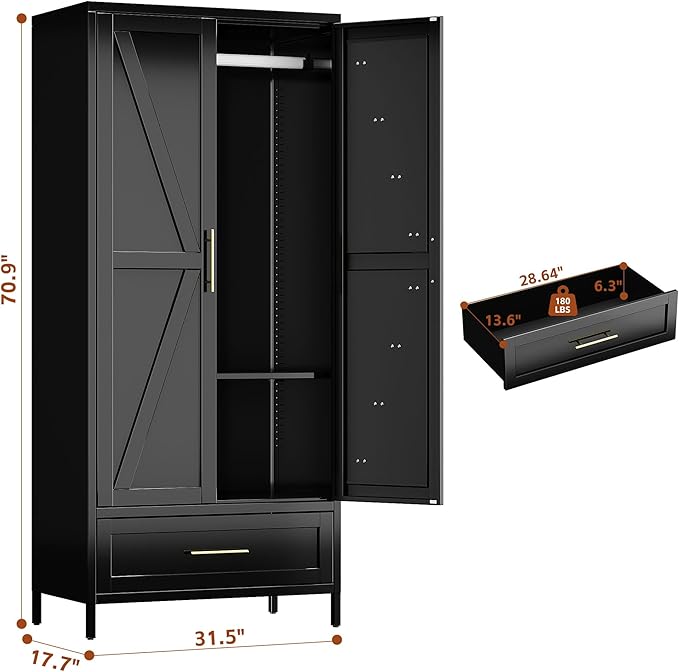 SUPEER Metal Wardrobe Cabinet with 1 Drawer and Hanging Rod, 70.9" H Metal Armoire Wardrobe Closet with Adjustable Shelf for Bedroom, Laundry Room, Home,Office,Installation Required,Black