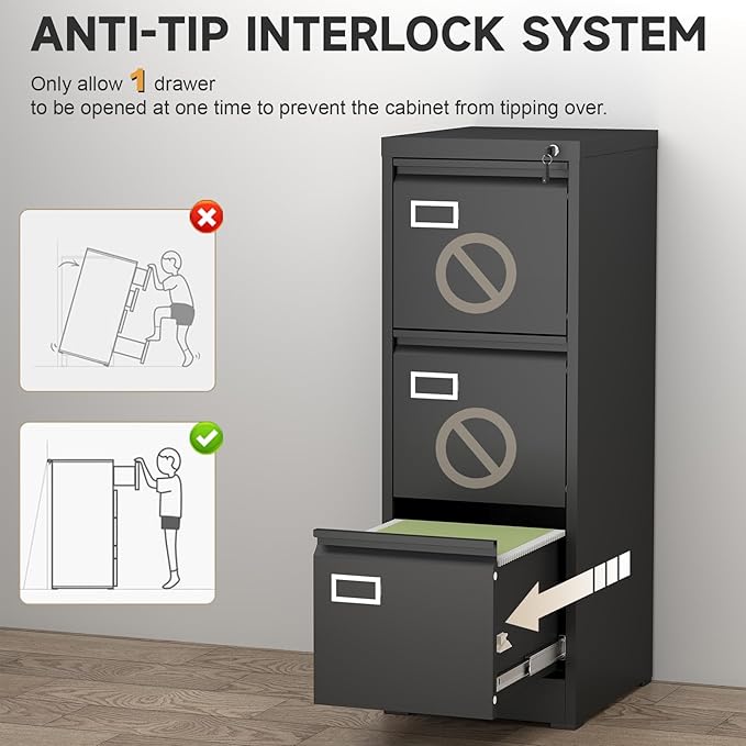 Lockable Vertical Metal File Cabinet 3 Drawer, Steel Filing Cabinet for Home Office Organization, High Capacity Storage for Letter/Legal/A4 Size, Black Office Cabinet, 17.7" D x 14.6" W x 40.9" H
