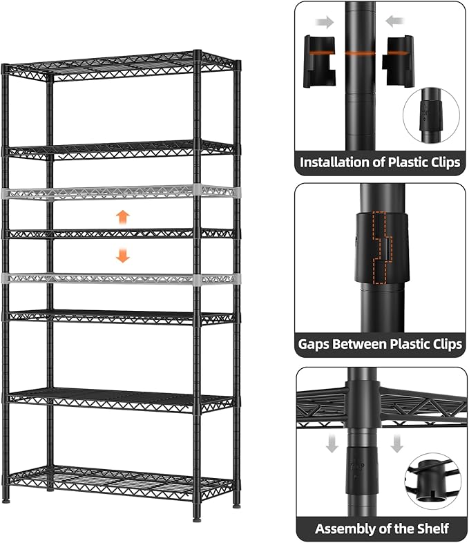 SINGAYE 6 Tier Shelf Organizer Storage Metal Shelves Garage Wire Shelving Unit Pantry Rack Shelves Bathroom Organizers and Shelf Closet Metal Kitchen 36" Dx14 Wx72 H Black