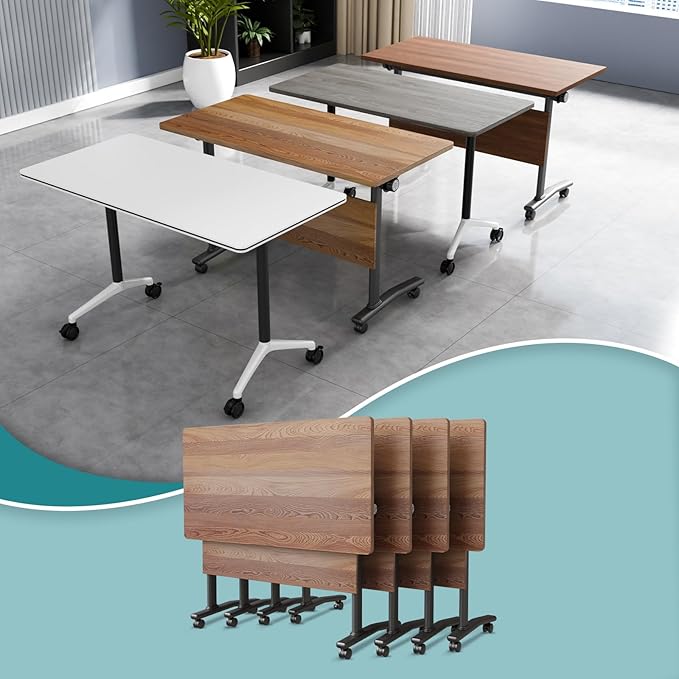 WYMHYZ Conference Table Flip Top Mobile Conference Room Tables,Folding Conference Table with Wheels,Large Meeting Training Seminar Table Saving Space for Office Classroom(4B,61'')