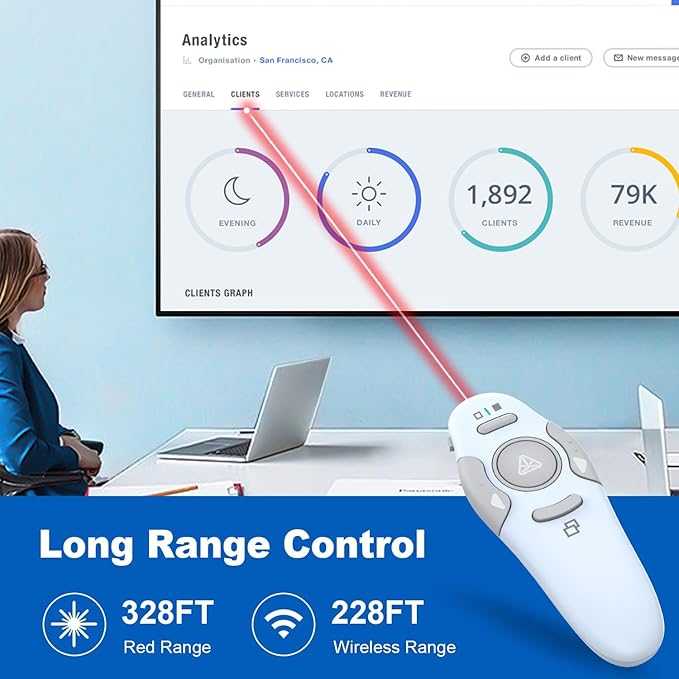 QUI Presentation Clicker Wireless Presenter Remote Clicker for PowerPoint Presentation Remote, PowerPoint Slide Advancer for Mac/Windows/Linux, Google Slide/PPT/Keynote, USB A&C, Blue