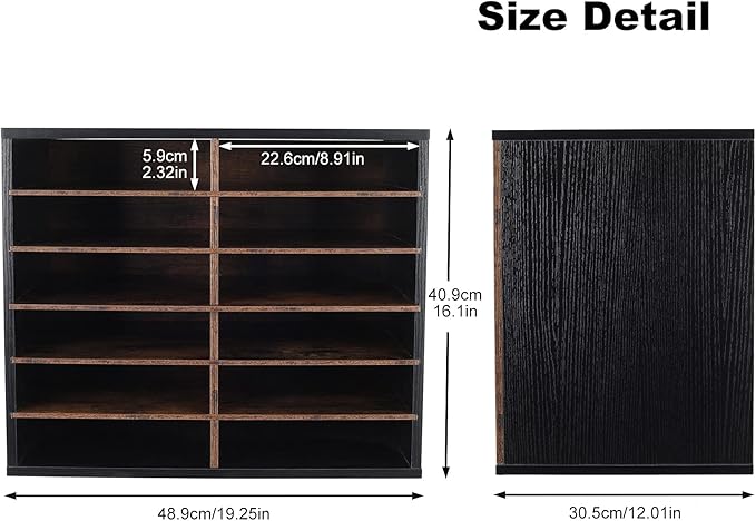 TQVAI Wood Literature Organizer, 12 Slots Hold 6000 Sheets A4 Papers, Wooden Desk Paper File Storage Organizer with Adjustable Shelves, Mailbox Cubbies for Office Home Classroom, Black/Archaize