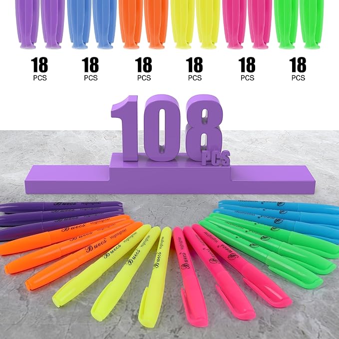 Buecs Highlighters Bulk Pack, 108 Count, Assorted Colors, Chisel Tip, suitable for Adults Highlighting Planner Notes, Office School Supplies