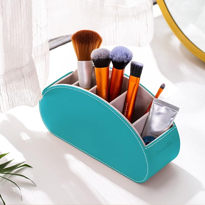 Remote Control Holders Organizer Box with 5 Compartment PU Leather Multi-functional Office Desk Storage Caddy Store Tv Remote for Media Player,Brush,Pencil,Glassees&Office Supplies (Lake Blue)