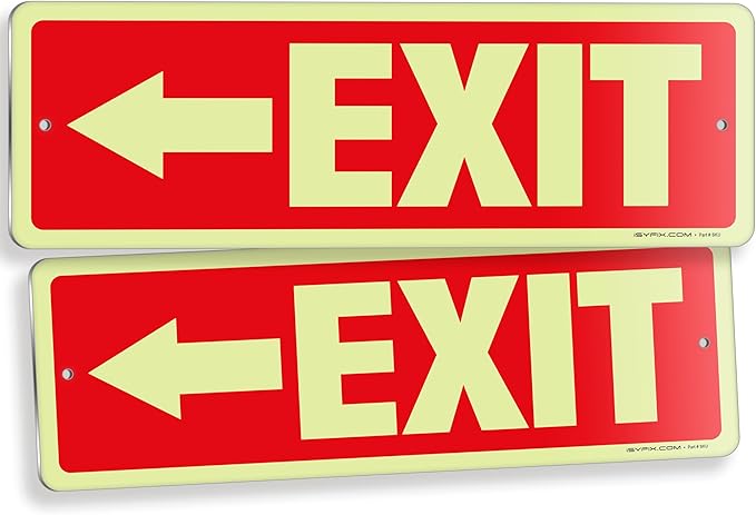iSYFIX Exit Signs with Directional Left Arrow, Glow in the Dark, Photoluminescent Aluminum 12x4 Inch - 2 Pack, Laminated for UV & Weather Resistance, Ideal for Offices, Schools, Theaters & More