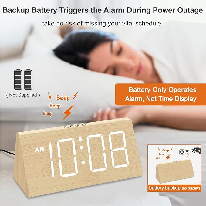 DreamSky Wooden Digital Alarm Clocks for Bedrooms - Electric Desk Clock with Large Numbers, USB Port, Loud Alarm for Heavy Sleepers, Adjustable Volume, Dimmer, Snooze, DST, Wood Décor, Adapter Powered