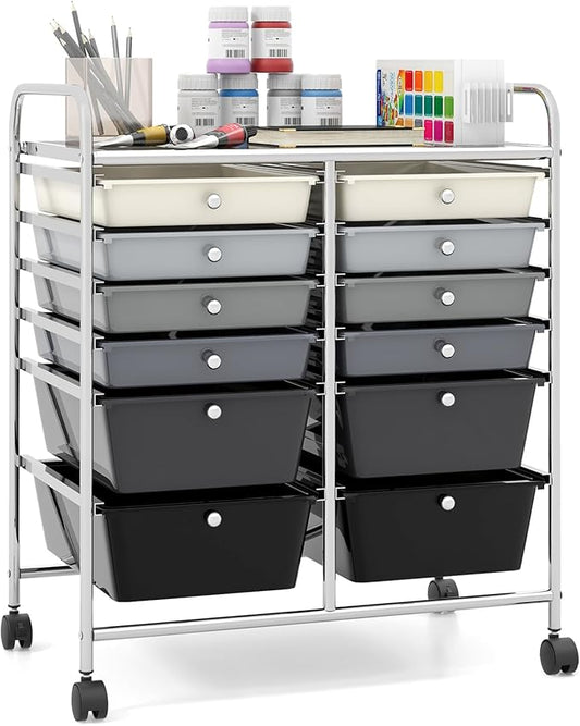 Giantex 12 Drawer Rolling Storage Cart Tools Scrapbook Paper Office School Organizer (Black Gradient)