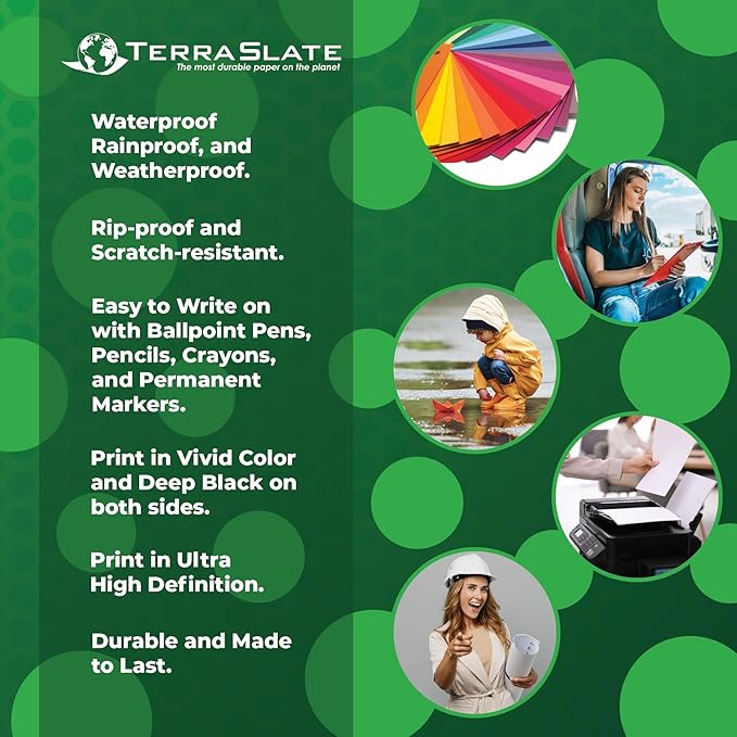 TerraSlate Printable Waterproof Paper for Laser Printer, 10 MIL 8.5" x 14", 250 Sheets, Matte White Printer Paper, Rip-Resistant, Weather/Rain Proof Copy Paper