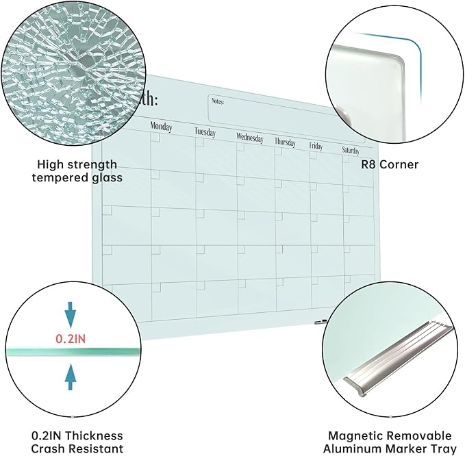 Magnetic Glass Monthly Calendar Whiteboard - 48"x36" Frameless Glass Dry Erase Board for Walls - White