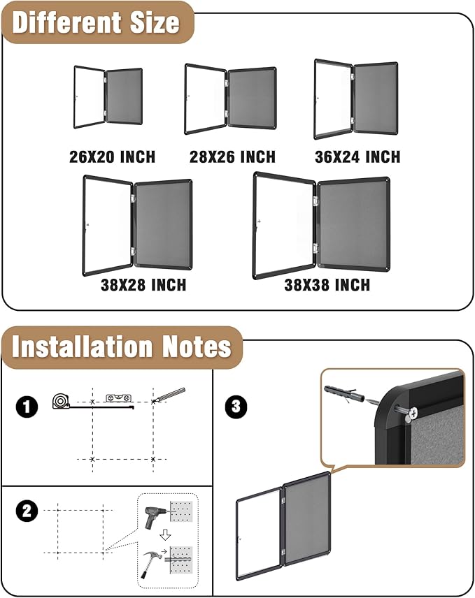 Mifuro 28"x26" Enclosed Bulletin Board, Lockable Weather-Resistant Aluminum Cork Noticeboard for School & Office, Black Frame w/Grey Flet