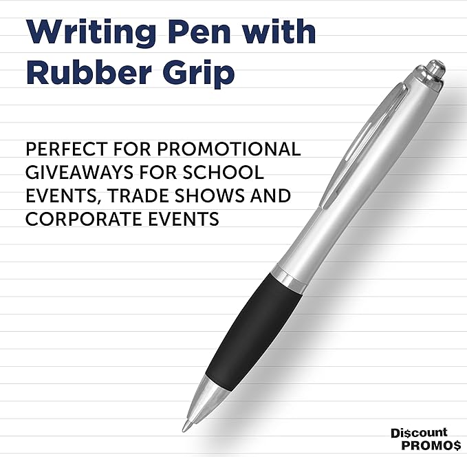 DISCOUNT PROMOS Ballpoint Pens With Rubber Grip, 10 pack, Black Ink Writing Pens in Bulk, Black