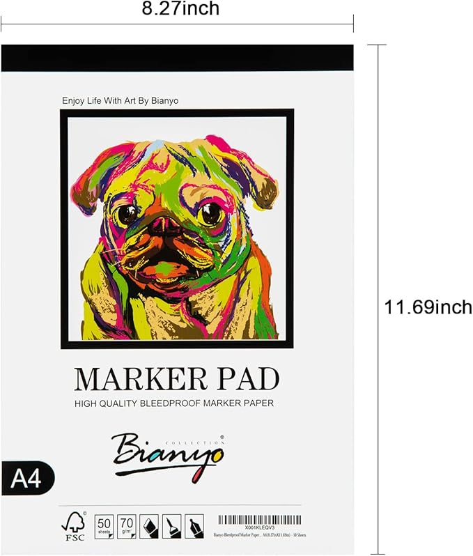 Bianyo Bleedproof Marker Paper Pad, A4(8.27"X11.69"), 50 Sheets/Pad, Pack of 2 Pads, 18 LB / 70 GSM, Glue-Bound, 100% Cotton, White, Ideal for Use with Markers and Ink Mediums