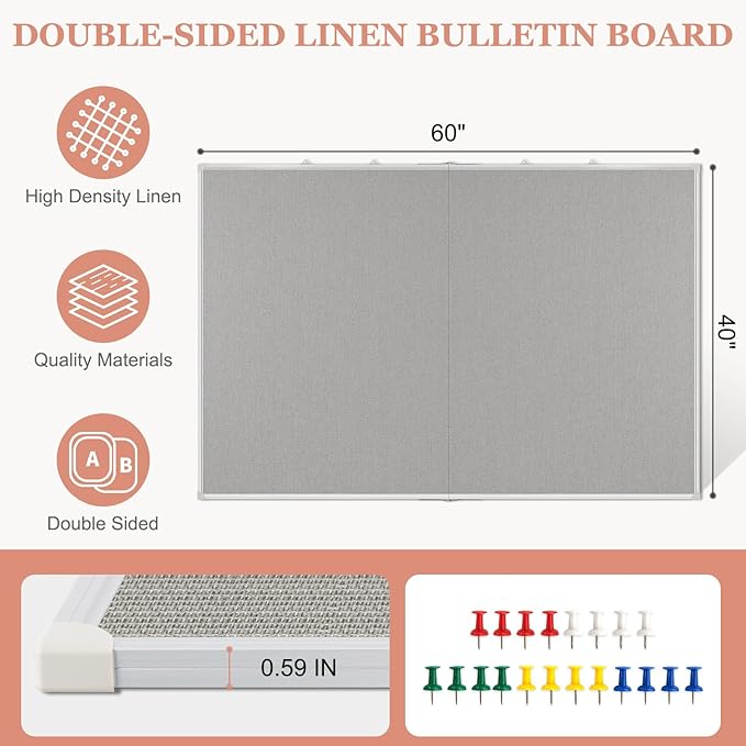 AMUSIGHT Double-Sided Large Cork Board with Linen, 48" x 36" Foldable Hanging Aluminum Framed Bulletin Board, Vision Board Pin Board Corkboards for Walls, Office, School Decor, 20 Pushpins