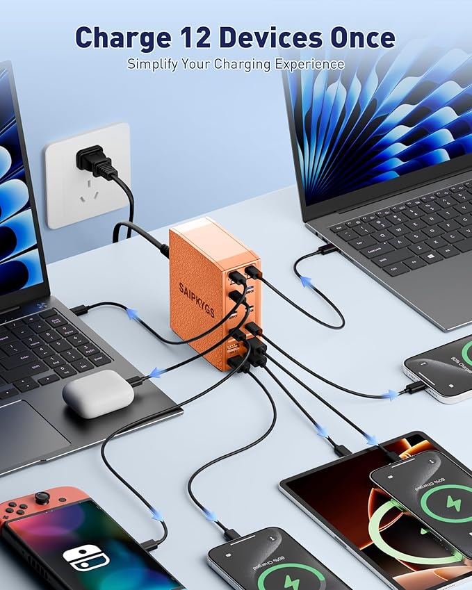 SAIPKYGS USB Charging Station (600W),12-Port USB C Charger Block with Dual 100W PD USB-C Fast Charging Station Hub for MacBook Pro/Air/All iPad Phone 17/16 15/14/13/Pro Max/Samsung Galaxy Note(Orange)