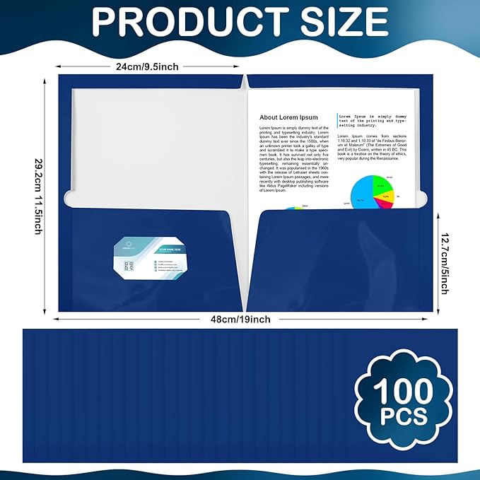 Yeaqee 100 Pack 2 Pockets Glossy Laminated Paper Folder First Day of School Presentation Folder Letter Size Two Pocket File Portfolio Holder Back to School Items Bulk for Teacher Office (Blue)
