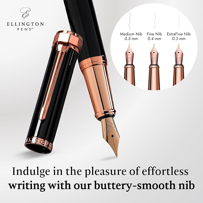 Ellington Pens Luxury Fountain Pen Set - Smooth Medium Nib- Includes 3 Ink Cartridges, Refillable Ink Converter, Gift Box- Fountain Pens For Writing, Calligraphy, Journaling, Sketching (Midnight Rose)