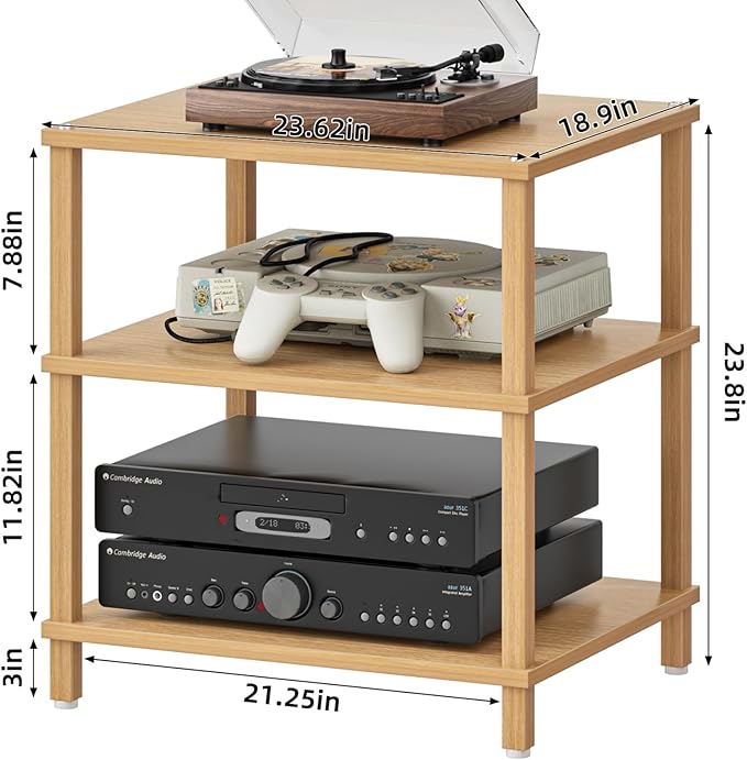 3-Tier AV Media Player Stand, Natural Stereo Cabinet, Modern Audio Shelf, Wooden TV Stand,Game Console Shelf, Multifunctional Entertainment Center, Suitable for Home, Conference Room, Game Studio