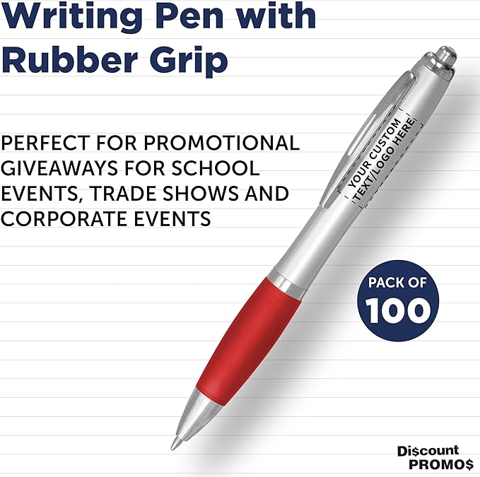 DISCOUNT PROMOS Personalized Ballpoint Pens With Rubber Grip, 100 pack Customizable Ergonomic Click-to-Write Custom Writing Pens for School with Black Ink, Red