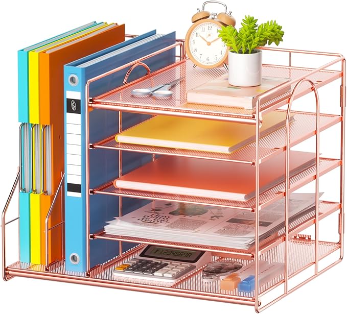 Marbrasse Desk Organizer with File Holder, 5-Tier Paper Letter Tray, Mesh Desk Accessories, Magazine Holder, Desktop Organizer and Storage for Office Supplies, Rose Gold