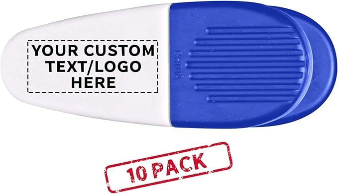 10 Magnetic Memo Holders Set - Customizable Text, Logo - Large Clip, Plastic - White Blue