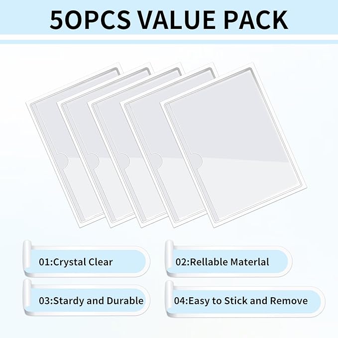 zandfelo 50 Pack 3'' x 5'' Clear Adhesive Index Card Pockets, PVC Labels Holders for Storage Bins and Library Card, Ideal Card Holder with Top Open for Loading and Protecting Your Cards
